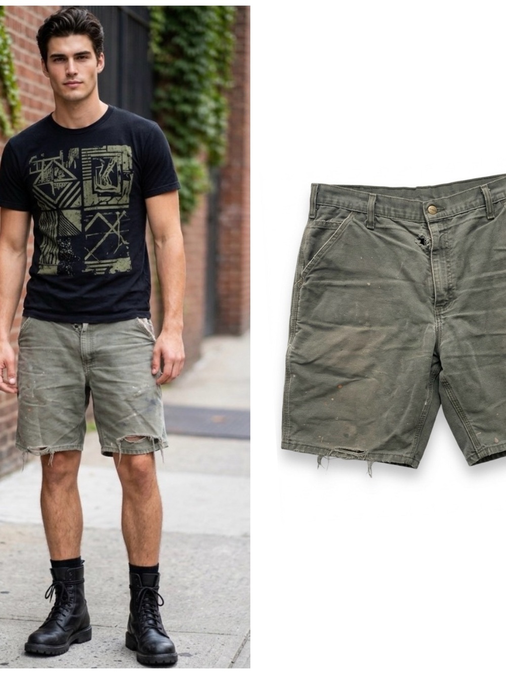 VTG Carhartt B25 Thrashed Green Carpenter Distressed Paint Splatter Shorts 34